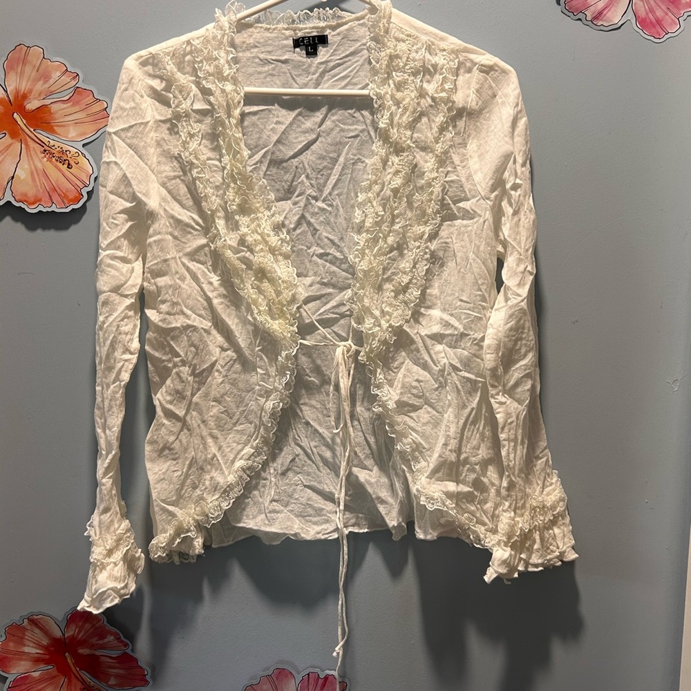 Cream Ruffled Long Sleeve Blouse with Tie Front